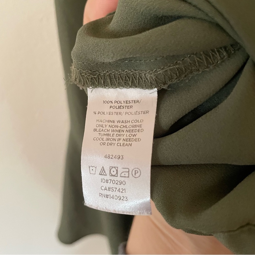 Loft Olive Green Long Sleeve Bell Sleeve Faux Wrap Shirt Small - Picture 9 of 13